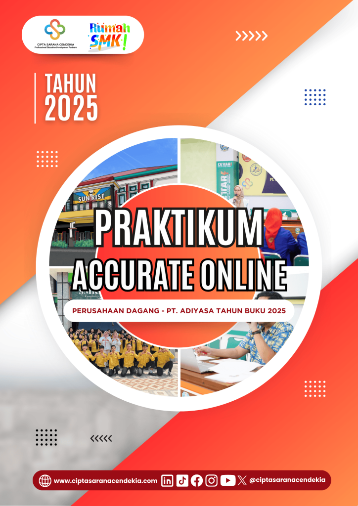 Cover buku modul praktikum Accurate Online perusahaan dagang PT Adiyasa tahun buku 2025 untuk SMK Akuntansi dan pembelajaran akuntansi digital