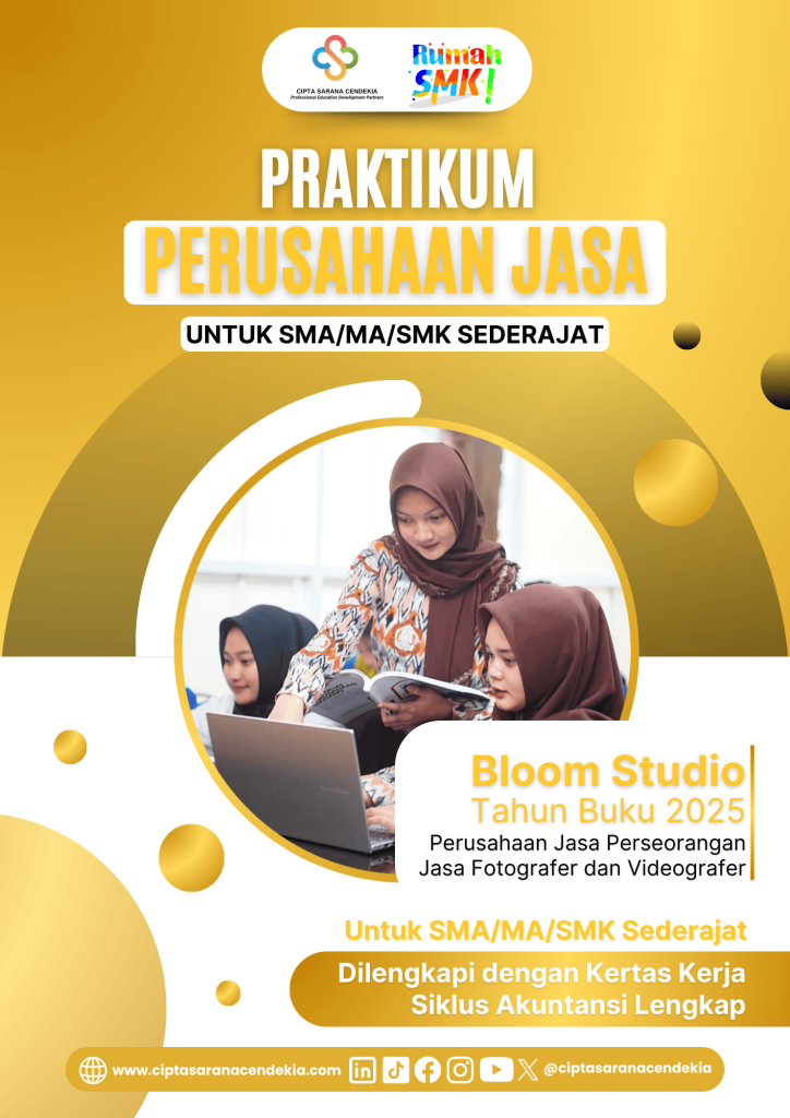 Cover buku praktikum perusahaan jasa Bloom Studio tahun buku 2025 terintegrasi pajak dan SAK UMKM untuk SMK Akuntansi dan pembelajaran akuntansi